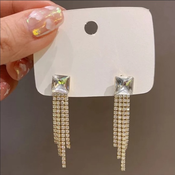 NEW LUXURY SILVER DIAMOND LONG TASSEL EARRINGS - Picture 4 of 4